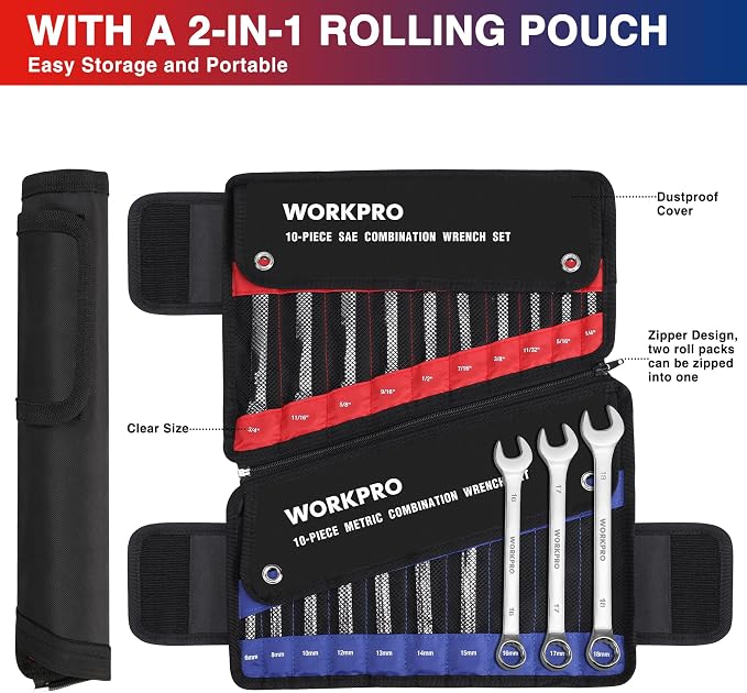 WORKPRO 20-Piece Combination Wrench Set, Metric 6-18mm & SAE 1/4"-3/4" | Cr-V Steel Construction, 12-Point Wrench Set, 2-in-1 Rolling Pouch, for Auto Repair & Home DIY