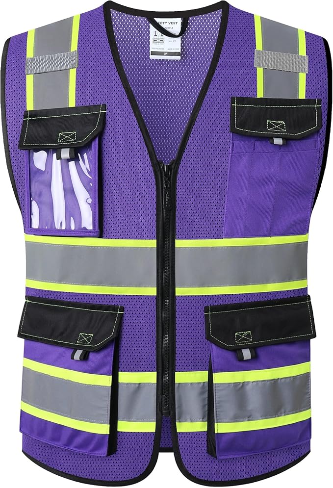 JKSafety Hi Vis Reflective Safety Vests for Men Women High Visibility Vest with Pockets Mesh Fabric Construction Safety Apparel Neon Vest for Work (220-PurpleB XXL)
