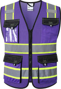 JKSafety Hi Vis Reflective Safety Vests for Men Women High Visibility Vest with Pockets Mesh Fabric Construction Safety Apparel Neon Vest for Work (220-PurpleB M)