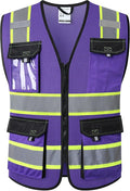 JKSafety Hi Vis Reflective Safety Vests for Men Women High Visibility Vest with Pockets Mesh Fabric Construction Safety Apparel Neon Vest for Work (220-PurpleB M)