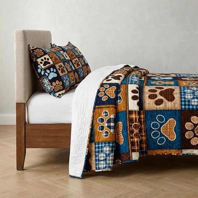 Patchwork Quilt Set Queen Size, Blue Brown Dog Paw Bedspread, Soft Lightweight Microfiber Bedding Set, Farmhouse Rustic Coverlet, All Season 3 Piece (Dog Paw, Queen)