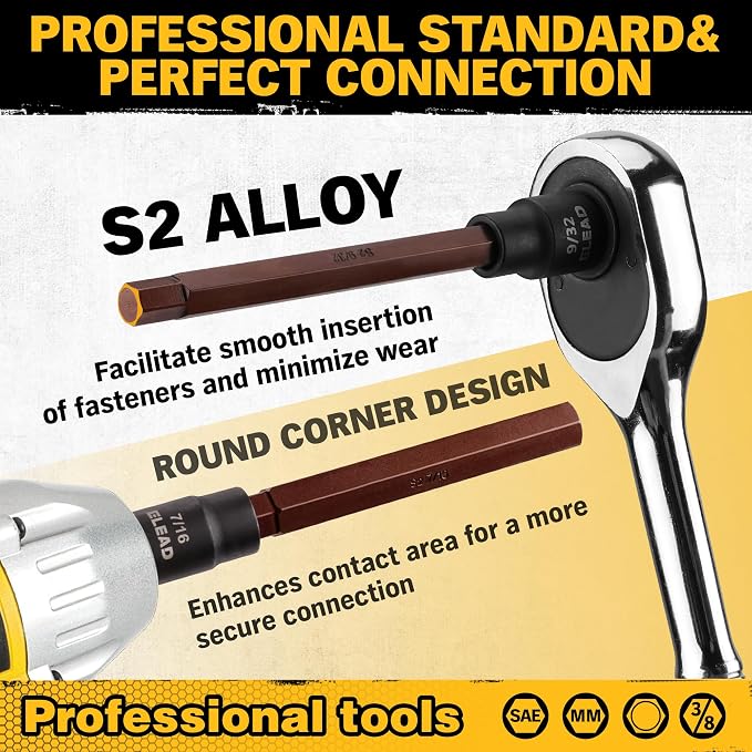 Extra-Long Allen Hex Bit Socket Set: 20-Piece 3/8 Inch Drive, 110mm S2 Steel, Standard SAE & Metric (1/8-Inch - 7/16-Inch, 3-12mm) for Impact Drills and Ratchet Wrenches