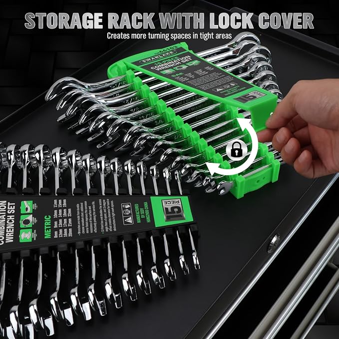 SWANLAKE 30-Piece Combination Wrench Set, Metric & SAE (8-22mm & 1/4” to 1-1/16”),12-Point Open End Standard Wrench Set, Mechanics Wrenches Sets, Chrome Vanadium Steel with Storage Rack