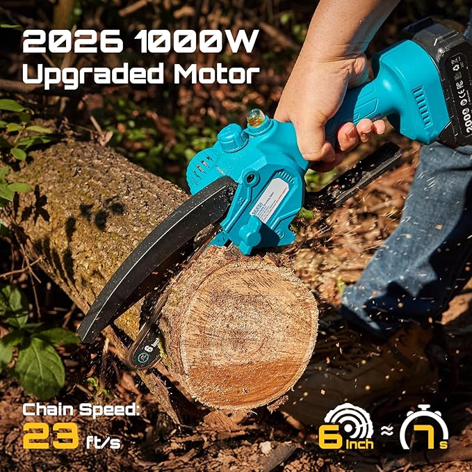 SEESII Chainsaw 6 Inch Mini Electric Chainsaw Cordless Battery Powered, 2026 Upgraded Hand Held Saw with 2x2000mAh Battery for Wood/Trees Trimming, Chain Saw Gift for Men Dad Husband Fathers Gardener