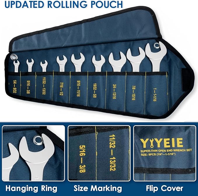 YIYEIE 9Pcs Super-Thin Wrench Set, 3mm Ultra-Slim Open End Wrench Set | SAE 1/4" to 1-1/16", Flat Wrenches for Tight Space, 3mm Thickness, Low-Profile, CR-V Steel, with Mirror Finish