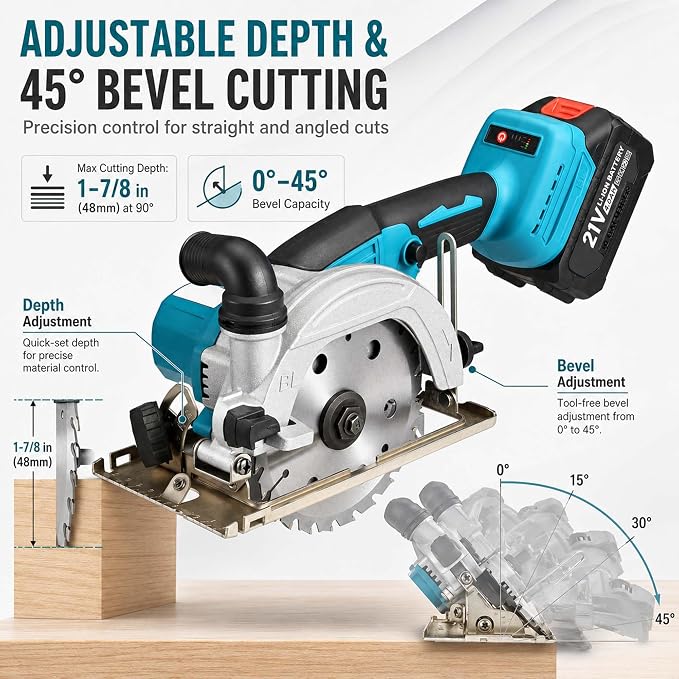 6 Inch Cordless Mini Circular Saw Brushless Motor | 2 Batteries & Charger, 3 Saw Blades Included (5", 5-1/2", 6"), Compact Saw for Wood, Plastic & Metal Cutting