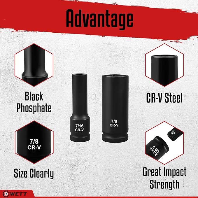 WETT Drive Deep Impact Socket Set, 29 Piece Deep Socket with Extension Bar, Cr-V Steel, SAE & Metric, 6 Point, (3/8" - 1", 10-24mm)