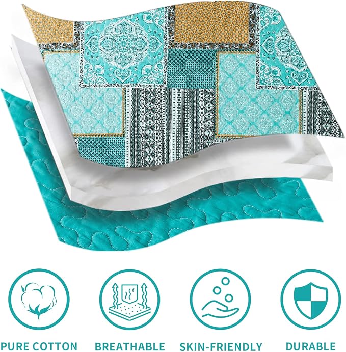 BEDIFANY Cotton Queen Size Quilt, Lightweight Bedspread Queen Size, Teal, Quilted Coverlets Queen Quilt Bedding Sets for Bed Decorations for All Seasons. 3 Pieces
