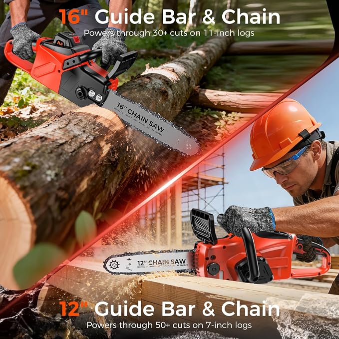 12" & 16" Electric Chainsaw Cordless, 21V Battery & Fast Charger,Brushless Chain Saw Kit with Safety Goggles and Gloves，Auto Oiling for Tree Pruning and Wood CuttingBranch