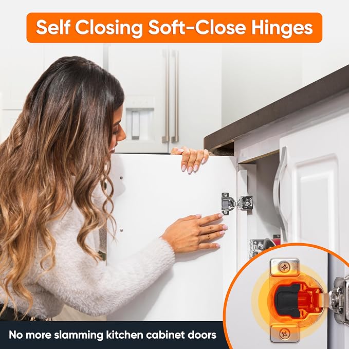 Decobasics 6 Pack Soft Close Cabinet Hinges 1-1/4" Overlay for Kitchen Cabinet Doors, Slow Self-Closing Concealed Hidden Hinges for Face Frame –Stainless Steel, 3-Way Adjustable & Quiet Close Damper