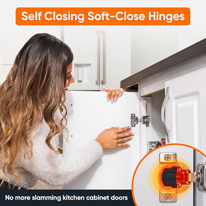 Decobasics 2 Pack Soft Close Cabinet Hinges – 1" Overlay for Kitchen Cabinet Doors, Face Frame Concealed Hidden Hinges – Stainless Steel, Self-Closing with 3-Way Adjustment & Slow Close Damper