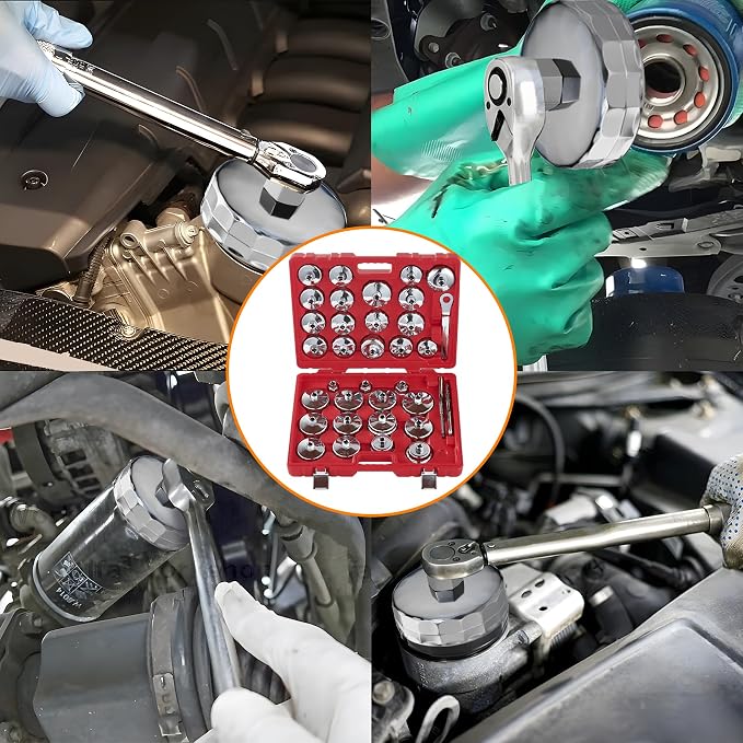 Auto Oil Filter Socket Wrench Set, Stainless Steel, 1/2 inch Drive | Cup Type Cap Removal Tool, Drain Plug Socket Set Included, Compatible with Car & SUV