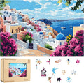 Mys Aurora Scenery Puzzles for Adults, Santorini Wooden Puzzles, 200 Pieces Unique Shaped Jigsaw Puzzle Birthday Gift Challenging Family Game for Kids and Adults 12.6 * 8.6 inch