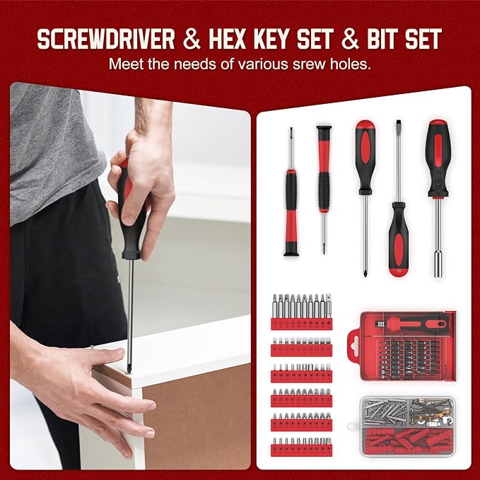 Sundpey 379 Pcs Portable Complete Home and Auto Tool Kit with Drawer Red | with Socket Wrench Set & Screwdrivers & Hex Keys & Pliers Kit,Men Women Tool Box Set for Household Car House Garage Apartment
