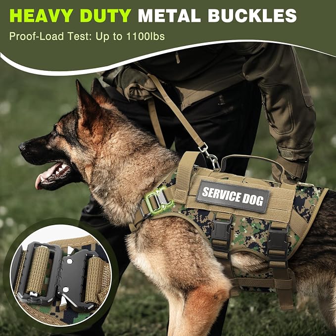 Tactical Dog Harness with Dog Leash, Service Working MOLLE Vest with 10 Pet Patches for Dog, No Pull Military Harness and Backpack for Training Hunting Walking