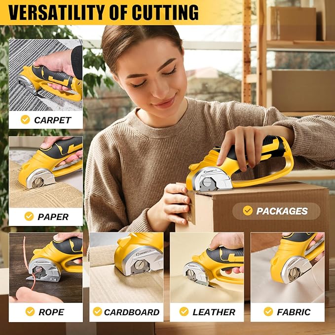 SakerPlus Cordless Electric Scissors, 4V Cardboard Cutter, Box Cutter - 2 Blades, 1 Storage Bag, Safety Lock & LED Light, Rechargeable Power Rotary Cutter for Box Carpet Fabric Plastic Leather