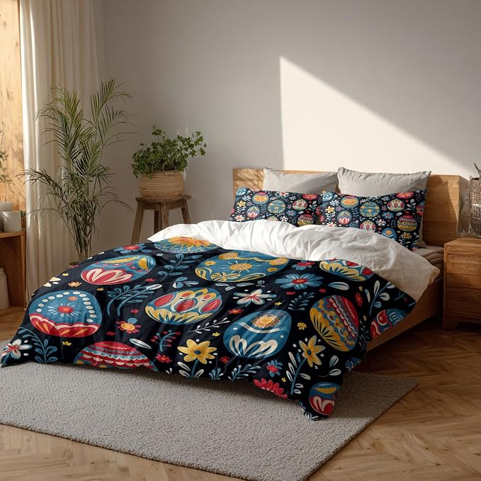Batmerry Easter Eggs Flowers Queen Size 100% Cotton Duvet Cover Sets, Decorative with Colorful Eggs Blooms Bedding Set with Zipper Closure Corner Ties, 3 Pieces (1 Cover + 2 Pillowcases No Comforter)