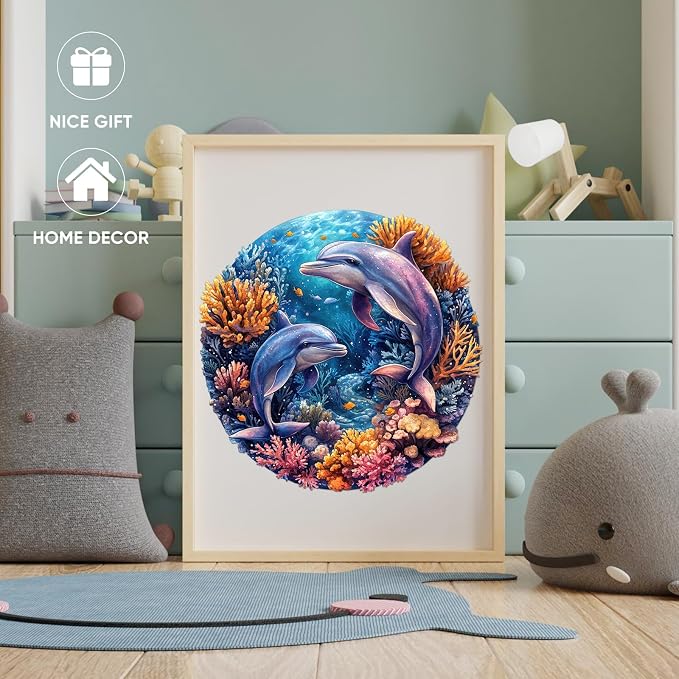 Qiuenisray Wooden Puzzles for Adults, Dolphins Jigsaw Puzzles 200 Pieces, FSC Certified Unique Shape Ocean Adult Puzzles, Irregular Wood Creative Gift for Family Game 11.2 x 11.2 in