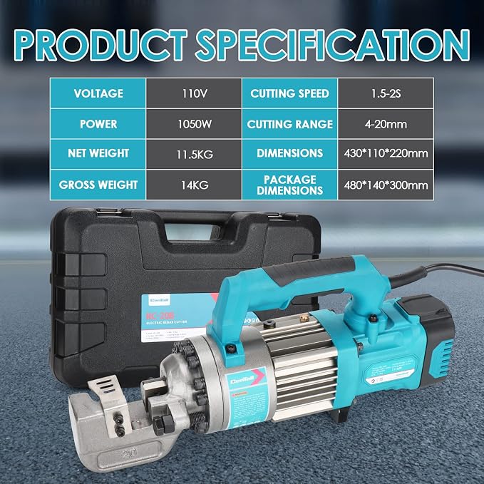 1050W Electric Rebar Cutter, Portable Rebar Cutter, Cutting up to 3/4 Inch 4-20mm #6 Rebar, Cutting Speed 1.5-2S RC20B (Blue)