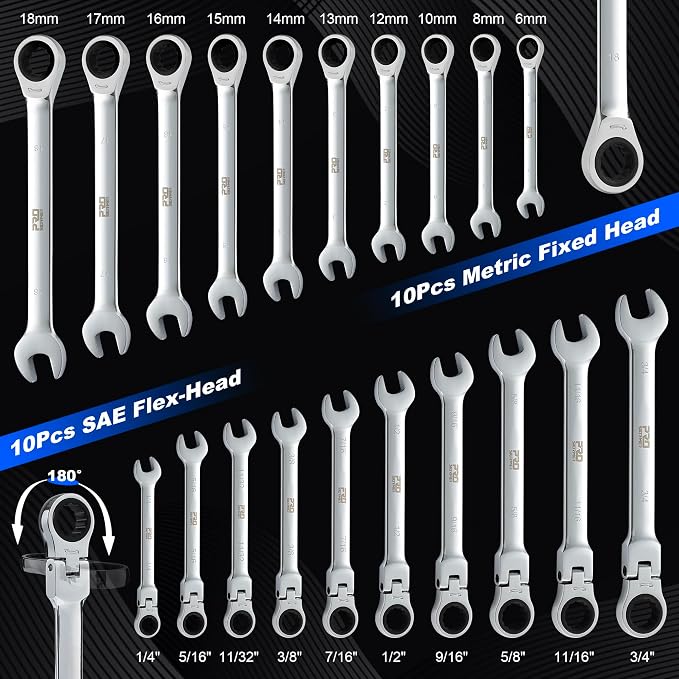 Prostormer 20-Piece Ratcheting Combination Wrench Set | 10Pcs SAE Flex-Head 1/4" to 3/4" & 10Pcs Metric Fixed Head 6-18mm, 72-Tooth, Cr-V Steel, Organizer Pouch