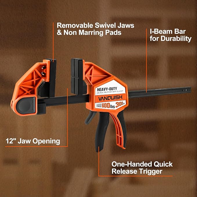 VANQUISH 12" One Hand Clamp/Spreader, 600Lbs Clamping Force, 3.4in. Throat Depth Heavy Duty Quick Release Bar Clamps, Tools & Equipment for Woodworking, Carpentry, Home Improvement, DIY