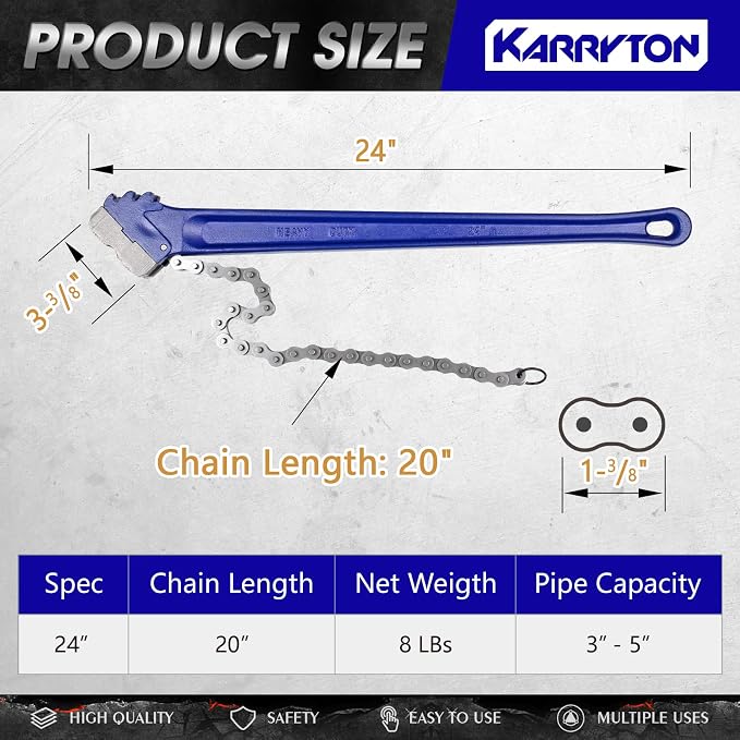 24" Chain Pipe Wrench 3" - 5" Pipe Diameters, 20 1/4 Inch Chain Length Max Breaking Load 11000Lbs, Heavy Duty Plumbing Tool for Pipe Installation, Oil Fields Operations and Maintenance