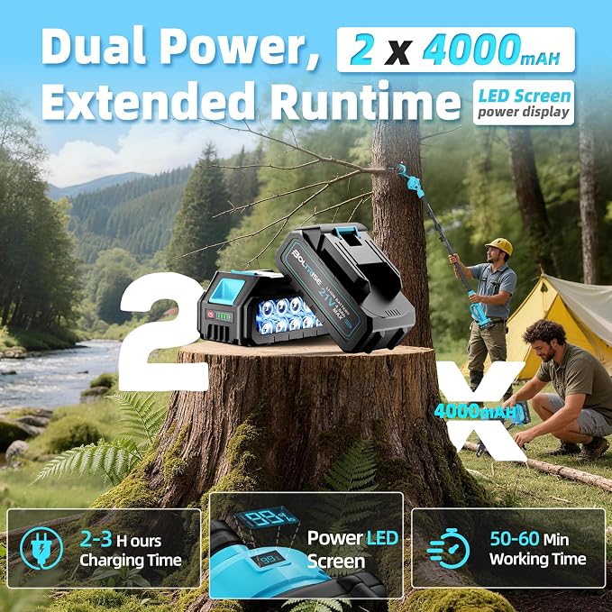 3-in-1 Electric Pole Saws for Tree Trimming, 8 Inch & 6 Inch Mini Chainsaw Cordless with 2x4.0 Ah Battery, Battery Powered Pole Chain Saw, 16 Ft Reach, Telescopic Chainsaw Tree Trimmer Branch Cutter
