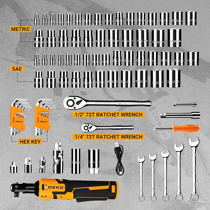 DEKOPRO Cordless Ratchet Wrenches Set：1/4", 3/8", 1/2" Impact Sockets Set, 74Pcs 3/8'' Electric Ratchet Wrench Tool Kit with Adjustable Speed, LED Light for Battery
