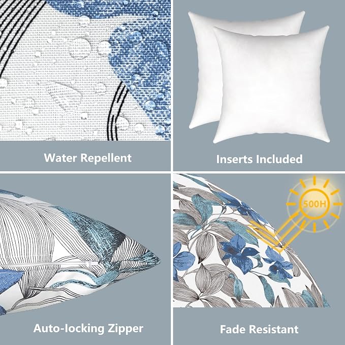 LVTXIII Outdoor Throw Pillows, Decorative Throw Pillows with Inserts, 16"x16" Square Pillows for Bed, Couch, Sofa and Patio Furniture, Set of 2, Clemens Noir Blue