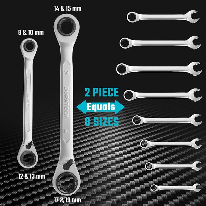 DURATECH 4-in-1 Reversible Ratcheting Box Wrench Set, Metric, 2-Piece | Double Box End, 8mm, 10mm, 12mm, 13mm & 14mm, 15mm, 17mm, 19mm, CR-V Steel, Matte Chrome Plated, Rolling Pouch
