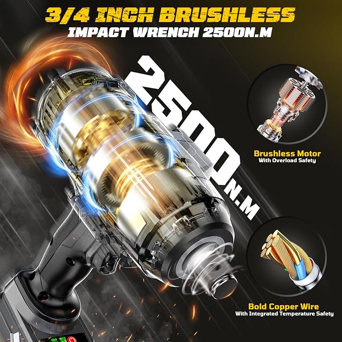 Cerycose 3/4" Cordless Impact Wrench Compatible with DeWalt 20V Battery, 1850 Ft-lbs (2500N·m) High Torque Brushless Impact Driver, 4 Sockets & Carrying Case, Heavy Duty for Trucks, Cars & Mowers
