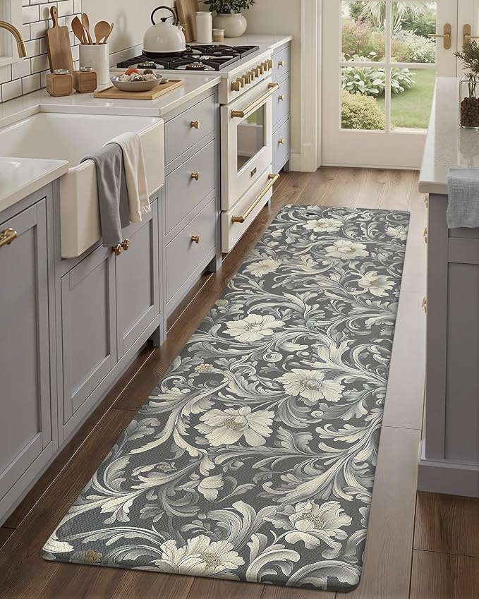Color&Geometry Floral Kitchen Mat 24"x87", Anti Fatigue Kitchen Mats for Floor, Kitchen Rugs Non Slip, Waterproof & Oil Proof Padded Runner for Standing Desk Office, Sink - Grey