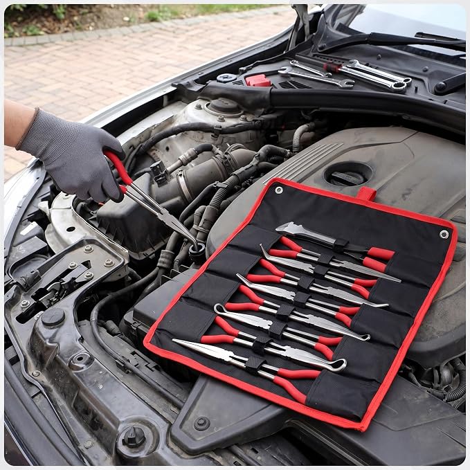 9 Piece 11 Inch Long Reach Pliers Set 45° 90° Bent, Circle, Diagonal Carbon Steel Needle Nose Pliers for Narrow Spaces and Limited Areas (Red)