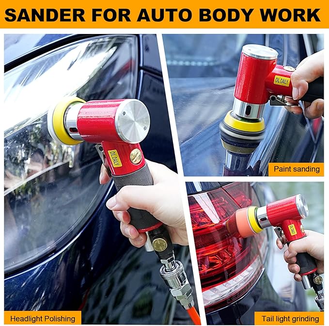 SI FANG 48Pcs 1'' 2'' 3'' Mini Air Sander Kit, High Speed Random Orbital DA Sander Polisher for Auto Body Work, Includes 1/2/3in Polishing Sponge & Wool Pads Sandpapers (Red Pneumatic Sander)