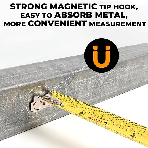 MulWark 26ft Metric Tape Measure, Double Secure Blade Lock Tape Measure Retractable with Stop Button, Both-Side Metal Blade, Magnetic Hook for Construction, Carpenter, Architect, Woodworking