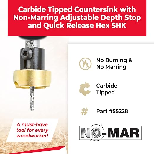 Amana Tool 82 Degree Countersink with Drill Bit Depth Stop and No-Thrust Ball Bearing, 55228, 3/8 D x 9/64 Drill D x 1/4 Inch Quick Release Hex Shank