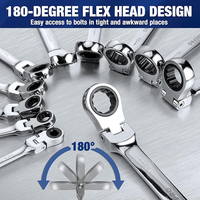 WORKPRO 22-Piece Ratcheting Wrench Set, Flex-Head & Polished | Metric & SAE (6-18 mm & 1/4-3/4''), 72 Teeth Cr-V Steel, Combination Wrench Set with Organizer Box for Auto Repair & Home DIY