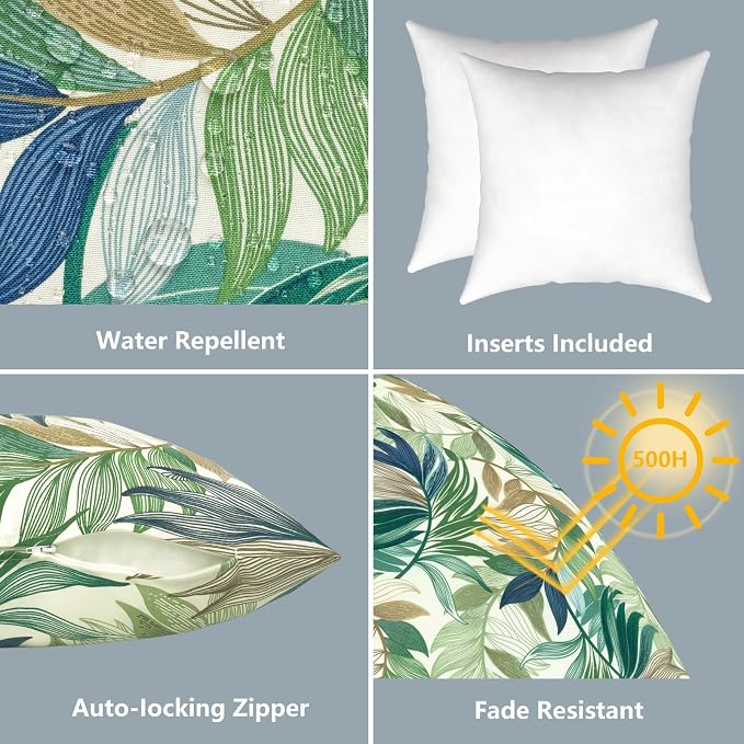 LVTXIII Outdoor Throw Pillows 16x16 Inch, Set of 2 Square Decorative Pillows with Inserts for Patio Furniture, Porch Chair, Garden Sofa, Lush Leaf Green
