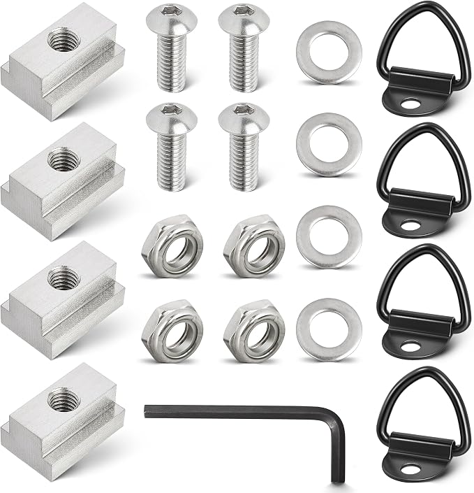 RED WOLF 3/8"-16 Thread T-Slot Nut Tie Down V-Ring Anchor w/1 Inch Button Head Socket Cap Screw Bolt Nut Washer for Toyota Tacoma Tundra Pickup Cargo Bolt Bed Deck Rail Cleat Included Wrench (4 Pack)