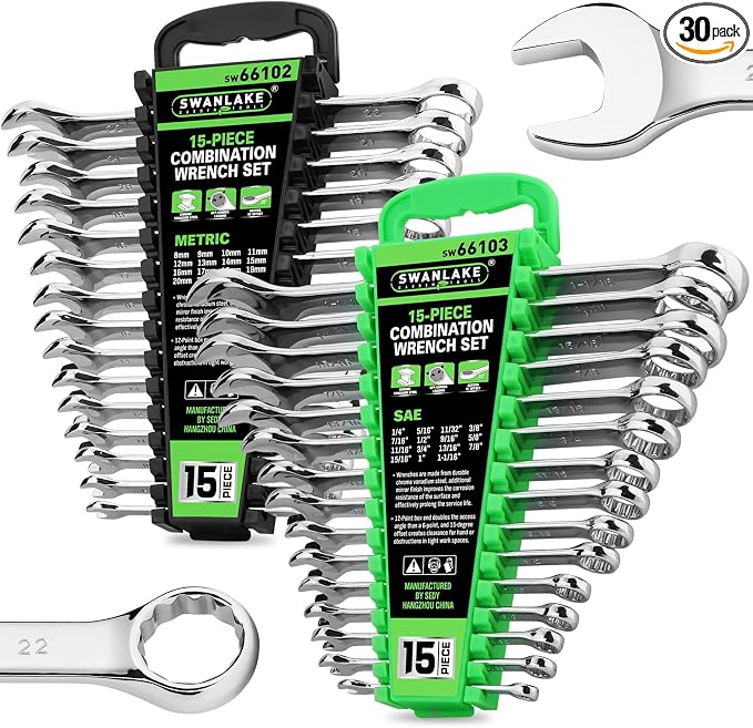 SWANLAKE 30-Piece Combination Wrench Set, Metric & SAE (8-22mm & 1/4” to 1-1/16”),12-Point Open End Standard Wrench Set, Mechanics Wrenches Sets, Chrome Vanadium Steel with Storage Rack