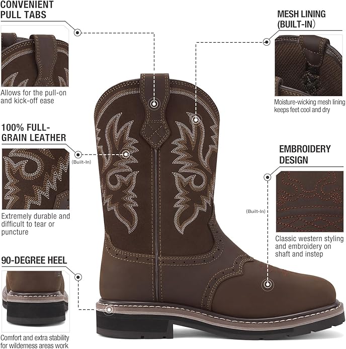 HISEA NINGO Steel Toe Work Boots for Men, Waterproof Square Toe Cowboy Boots Slip on, Comfortable Soft Toe Pull on Western Safety Work Shoes for Construction Industrial Working Welding Riding, Brown