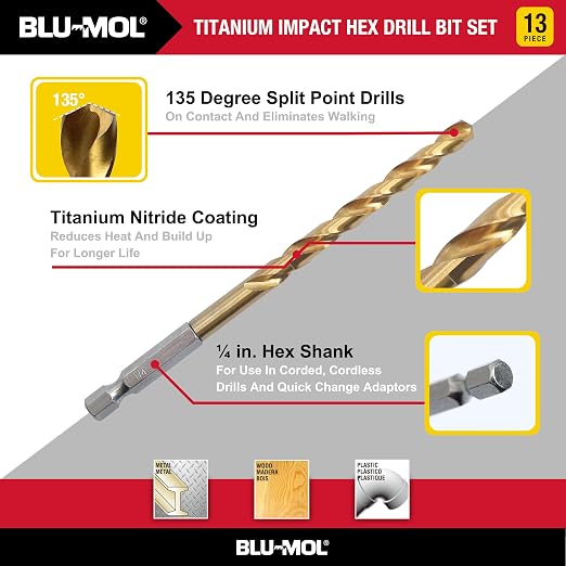 Disston E0100519 13-Piece Titanium Impact Hex Shank Drill Bit Set with Carrying Case