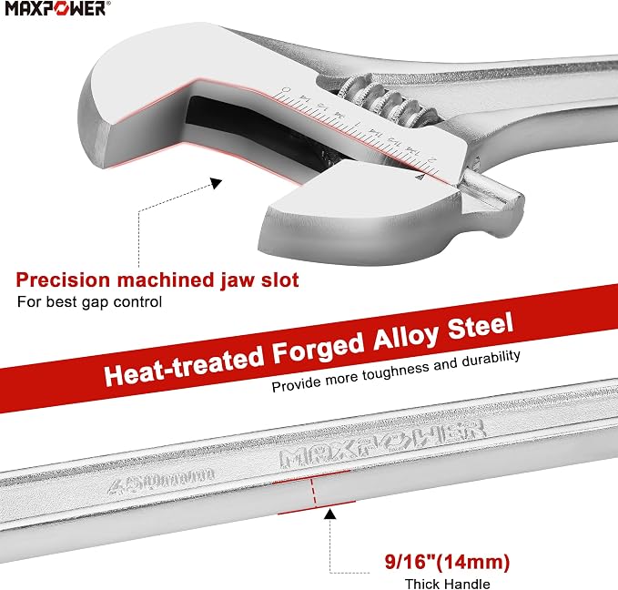 MAXPOWER 18" Adjustable Wrench, 2-1/8" Jaw Opening, Tapered Handle | Adjustable Spanner with SAE/Metric Scales, Polished Finish, and Comfort Grip – Perfect for Plumbing, Nuts, and Pipes