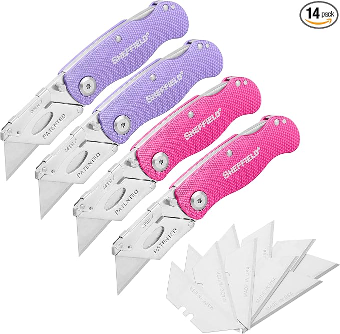 Sheffield 12346 Lock Back Utility Knife 4 Pack with 10 Blades, Quick Change Folding Box Cutter, Aluminum Handle Utility Knives with Pocket Clip, Pink & Purple