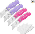 Sheffield 12346 Lock Back Utility Knife 4 Pack with 10 Blades, Quick Change Folding Box Cutter, Aluminum Handle Utility Knives with Pocket Clip, Pink & Purple
