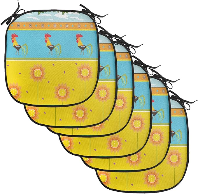 Lunarable Gallus Chair Cushion Pads Set of 6, Rooster Pattern with Sunflowers Summer Greenery Sky Floating Clouds Clipart, Anti-Slip Seat Padding for Kitchen & Patio, 16"x16", Earth Yellow Blue