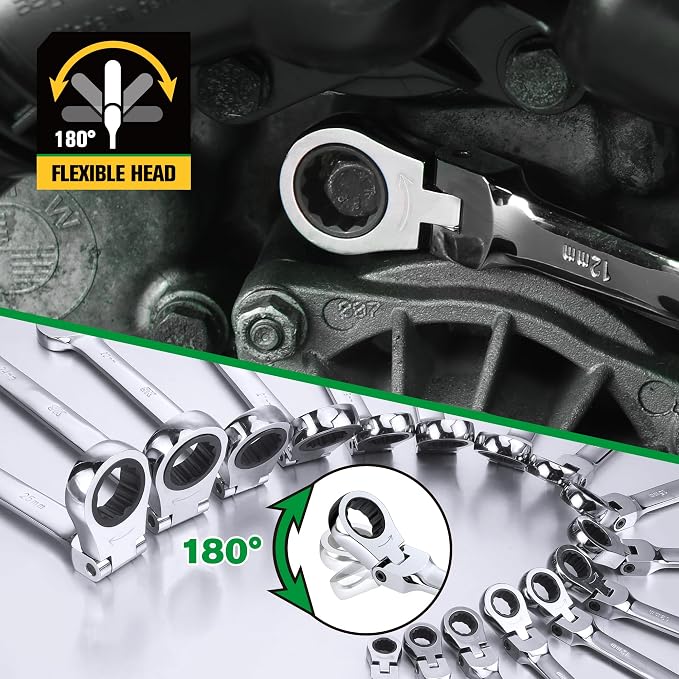 SK Flex Head Ratcheting Wrench Set, Metric 8-25mm, 16-Piece, 72-Tooth | Ratchet Wrenches Set 72-Tooth, Combination Wrench Set, Chamfered Head Design, Premium CR-V Steel, Roll-Up Pouch