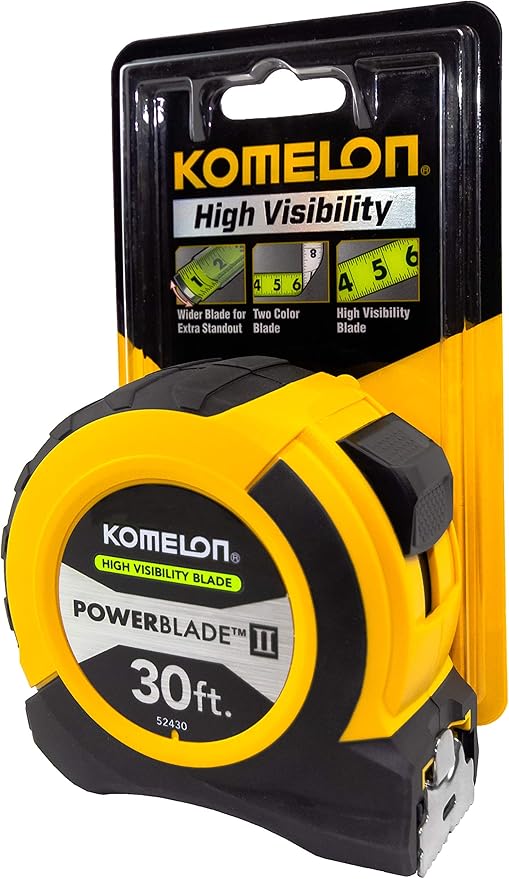 Komelon 30' x 1.06" Powerblade II Tape Measure, ABS Case, Yellow/Black, 52430