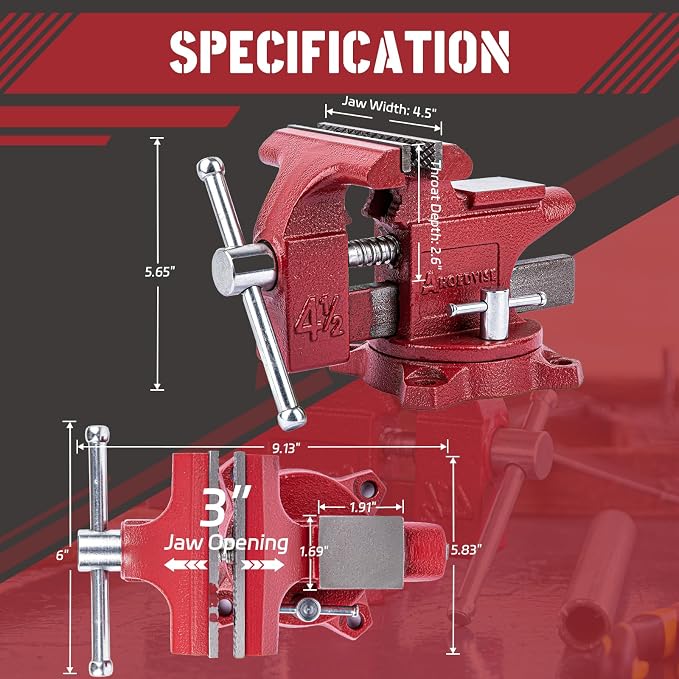 4.5"Bench Vise, 3"Jaw Opening 240° Swivel Base 2.6" Throat Depth