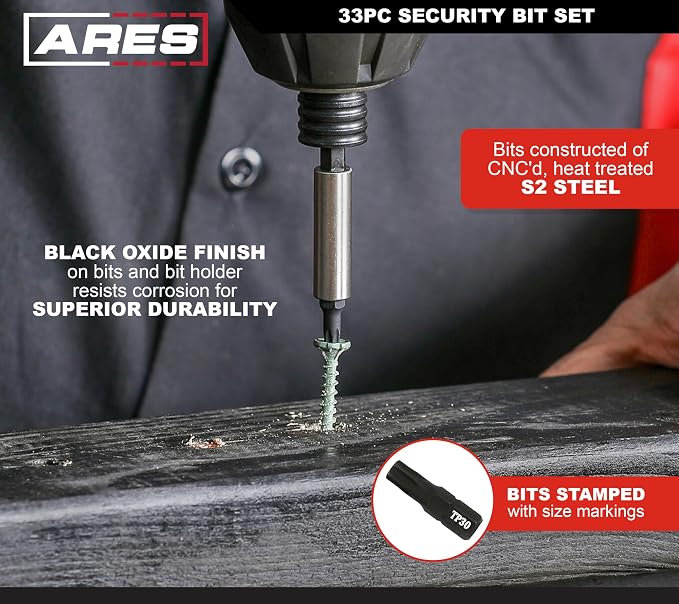 ARES 31009-33-Piece S2 Steel Security Bit Set with Magnetic Extension Bit Holder - Tamper Resistant SAE Hex, Metric Hex, Torq, Spanner, Triwing, and Torx Bits – S2 Steel Offers Maximum Durability